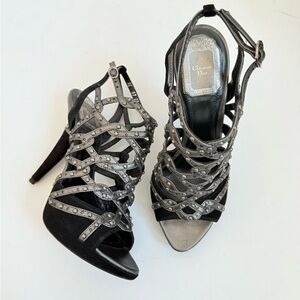 Christian Dior Black Grey Gunmetal Suede Leather Caged Runway 2009 Sandals EU37